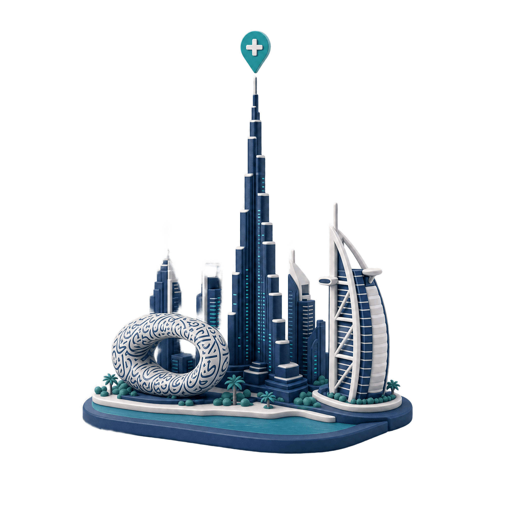 Stylized 3D model of the Dubai skyline with a medical location pin